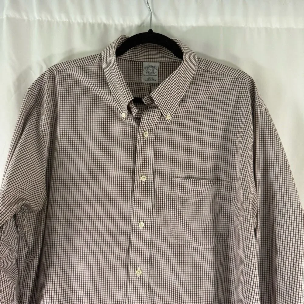 Brooks Brothers Dress Shirt Mens 17.5 38 White Brown Plaid Button Up Long Sleeve